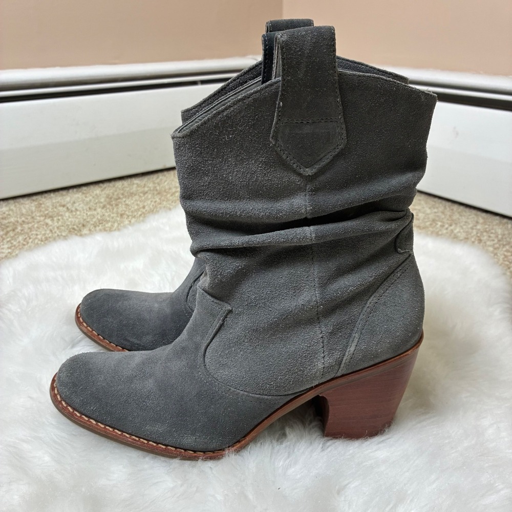 J. Jill Waylon Slouch Suede Ankle Boots Grey Leather Block Heel 7M 2017233